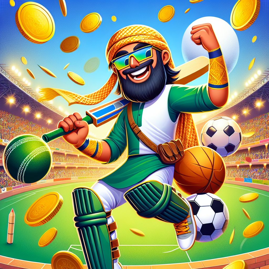 CK44 Bet sports betting character celebrating victory with sports equipment