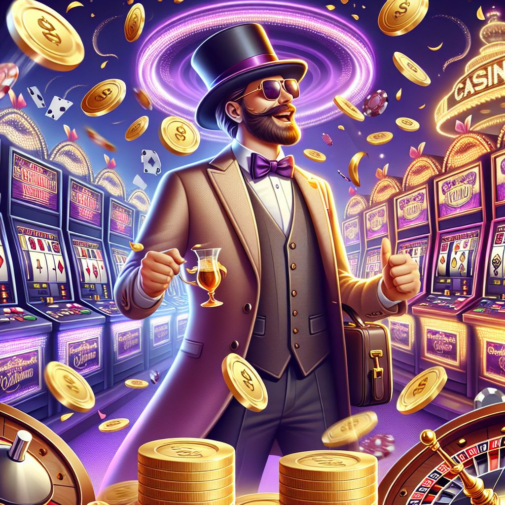 CK44 Casino themed character celebrating wins with slot machines and casino chips